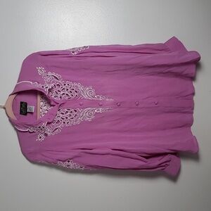 Bob Mackie silk purple pink embroidered eyelet cutout button down shirt Women XL